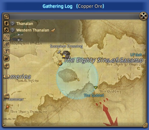 A map from the MMO Final Fantasy XIV Online shows the player's whereabouts in relation to major landmarks and quest objectives.