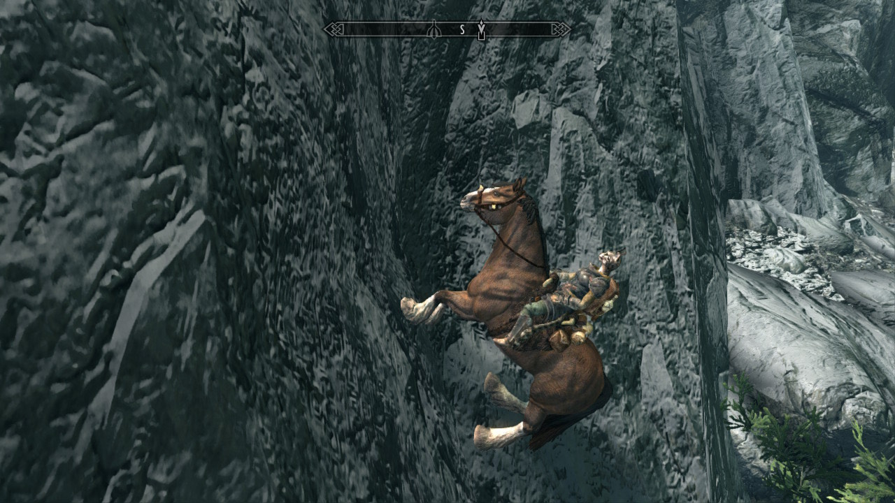 A screenshot from the video game Skyrim demonstrates how exploiting a glitch allows the player to ride up a vertical cliff-face if mounted on a horse
