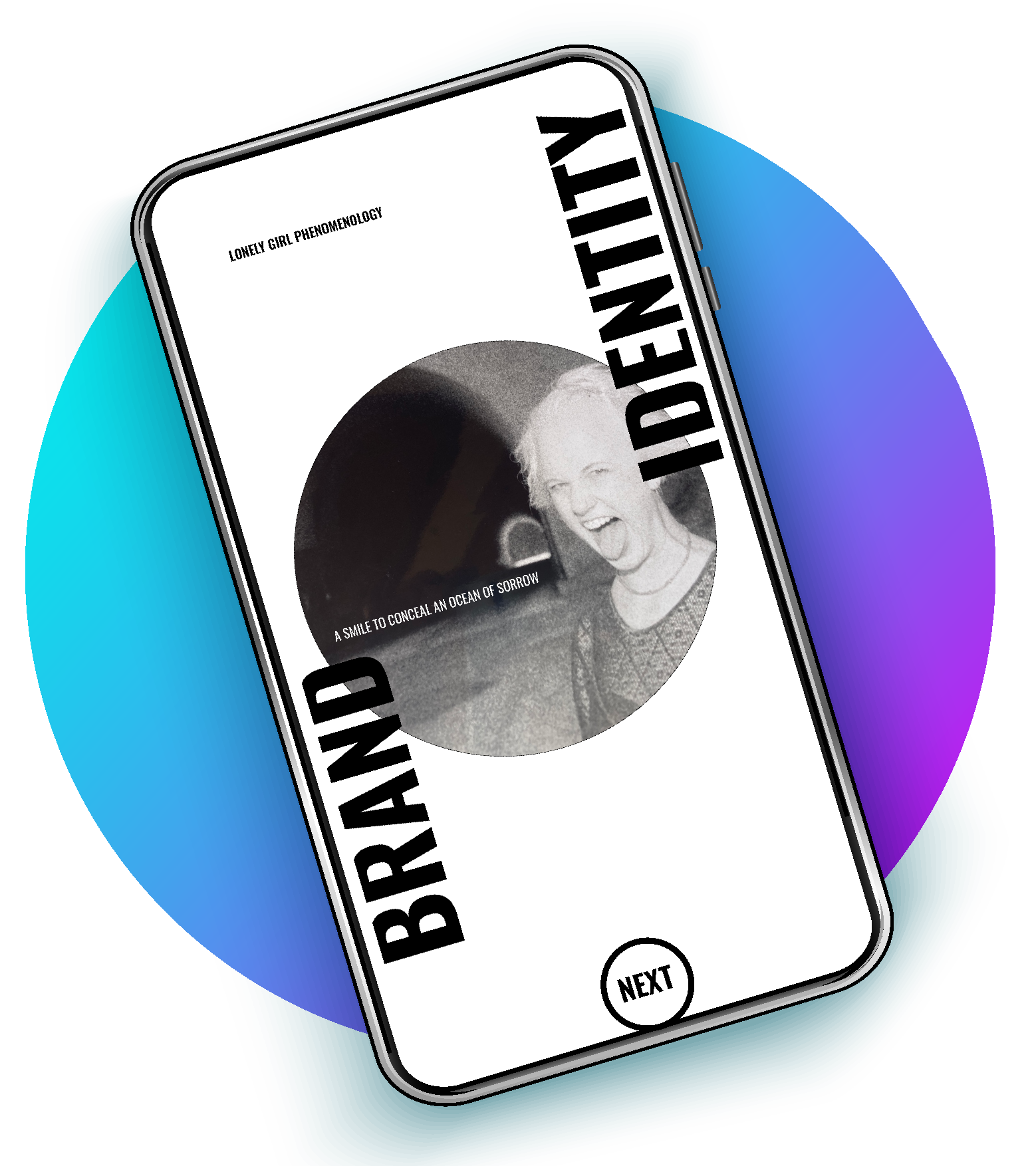 Mockup of a smartphone with a photo of a woman with scrunched face and tongue sticking out, alongside text that says 'A smile to conceal an ocean of sorrow' and in larger font 'brand identity'