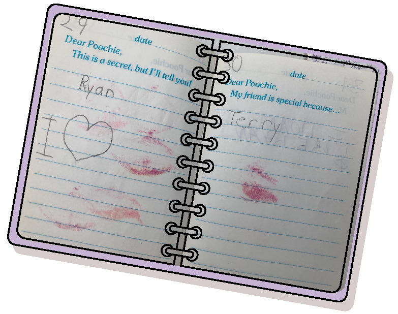 Illustration of an open diary with photoscanned entries saying 'I heart Ryan' and 'Terry'