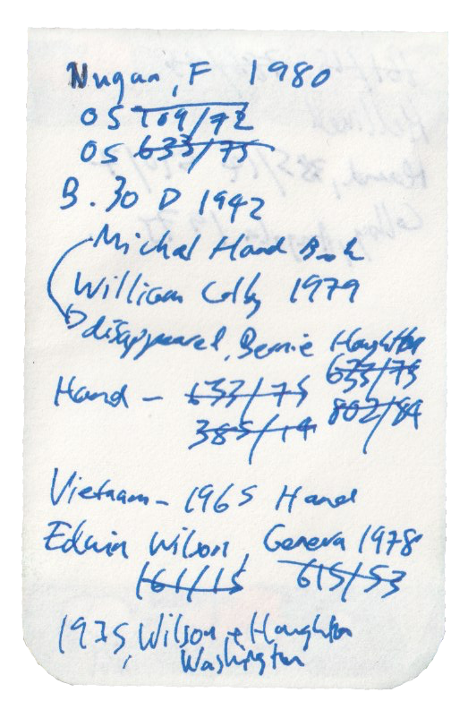 Scan of a scrap of paper with names and dates written on it in blue pen.