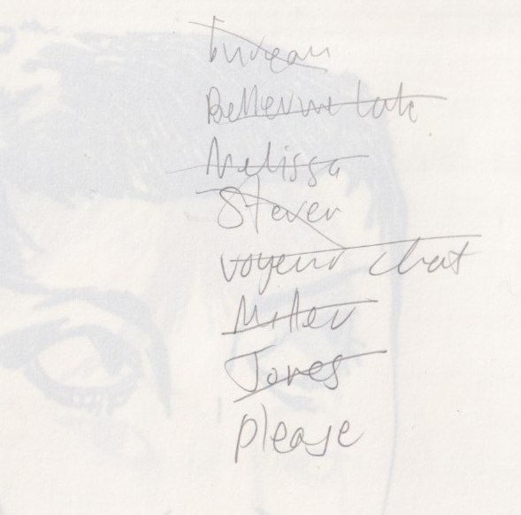 Scan of a scrap of paper. Several names are scribbled on it, most crossed out.