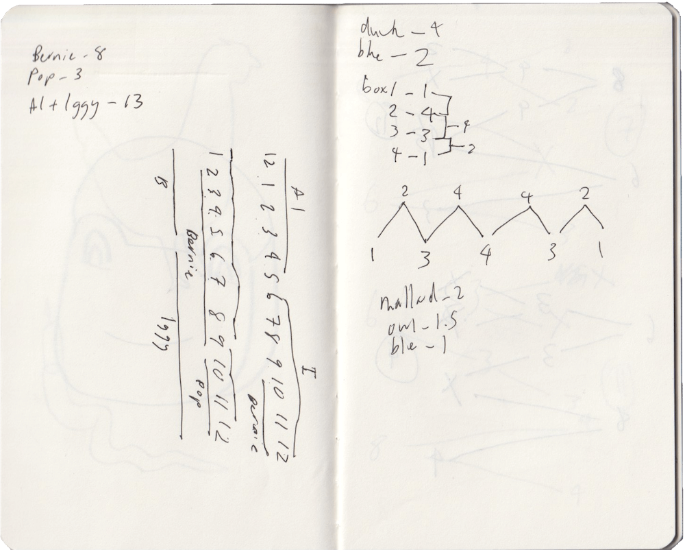 Scan of a 2 page notebook spread with several names and many numbers scribbled in it, with lines connecting various elements.