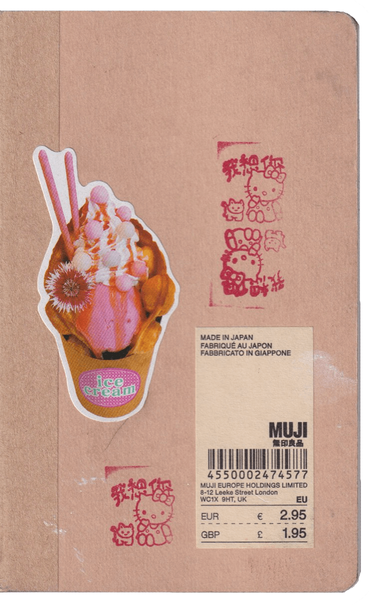 Scan of a notebook cover with a big ice cream sticker and several Hello Kitty stamps.