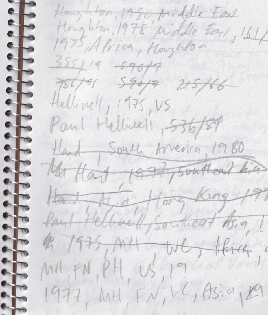 Scan of a notebook page with names and dates listed, some striked out.