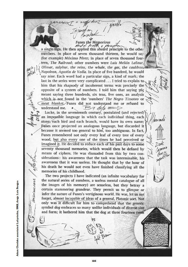 Scan of a page from a book. The margins of the page are heavily annotated with text and small sketches.
