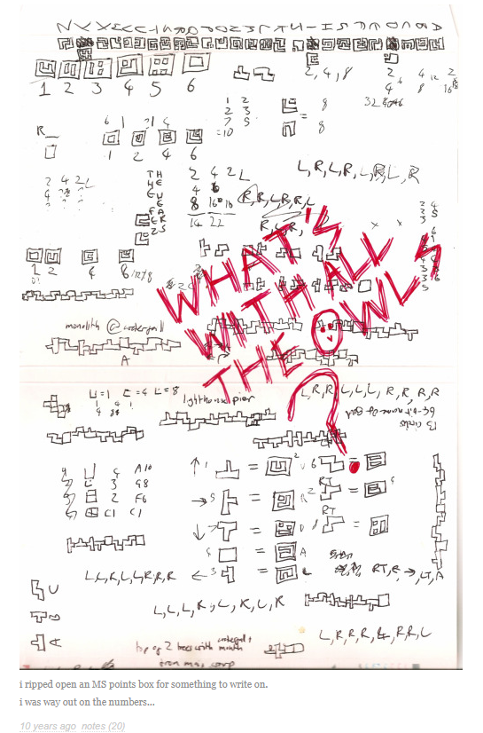 Scan of a notebook with many geometric symbols sketched in it. Scrawled over the page in red text is the phrase 'What's with the owl?'