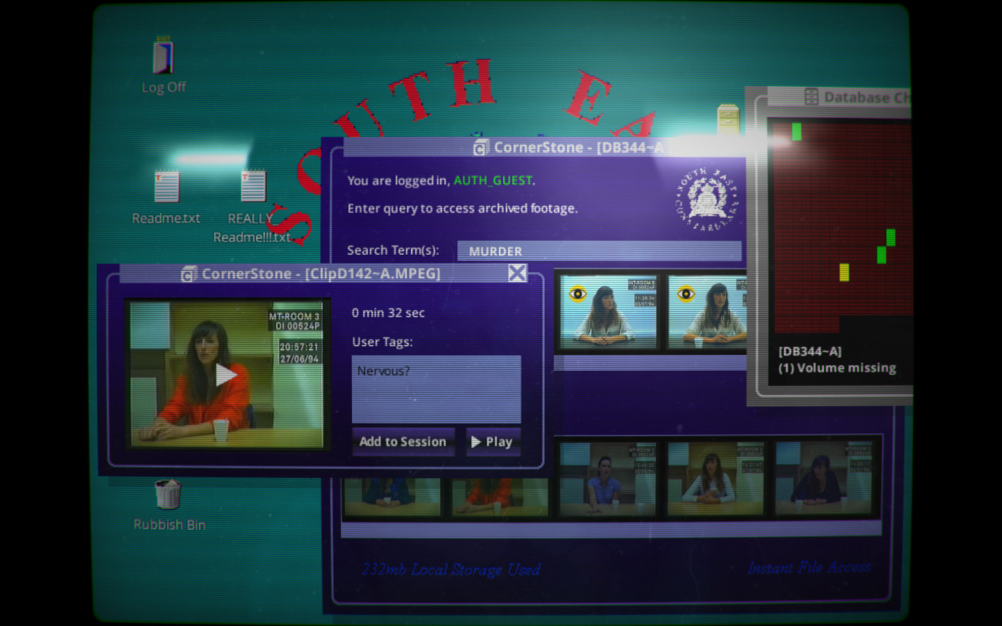 Screenshot from the game Her Story. A 90s computer desktop with several windows open, some with video thumbnails featuring a woman at a table.