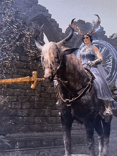 GIF from the game Elden Ring. A woman with a grey dress, antlers and a gold sword sits on a horned horse.