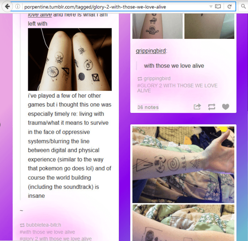 Screenshot from a Tumblr feed showing multiple images of limbs with symbols drawn onto them.
