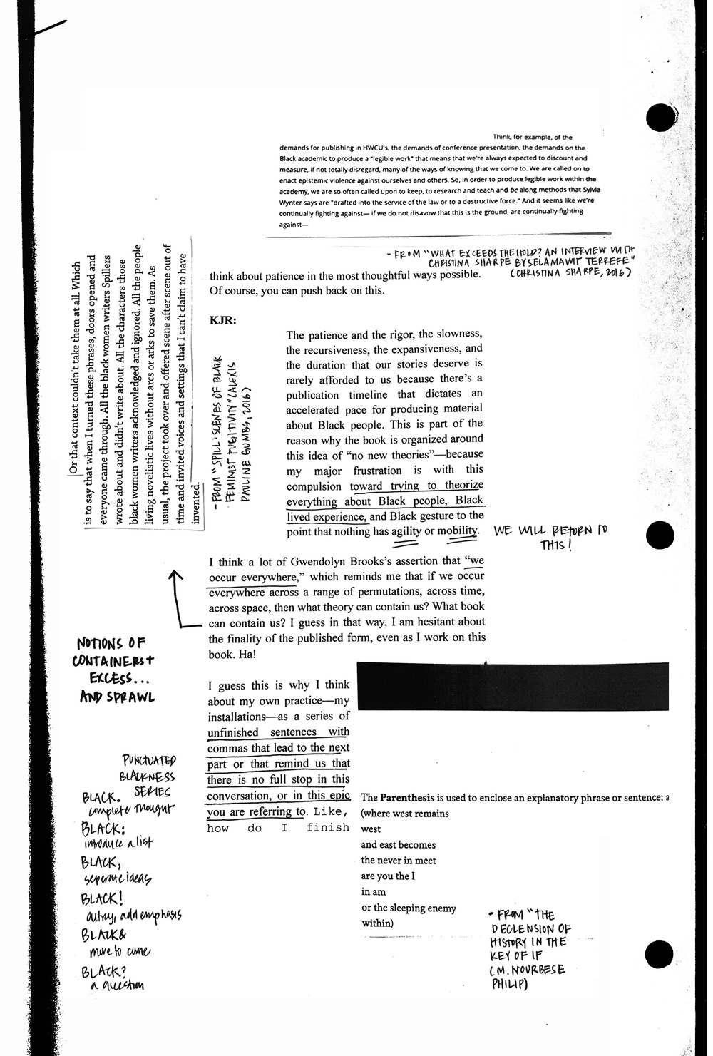 Scan of several blocks of typed and written text, arranged in an unusual layout.